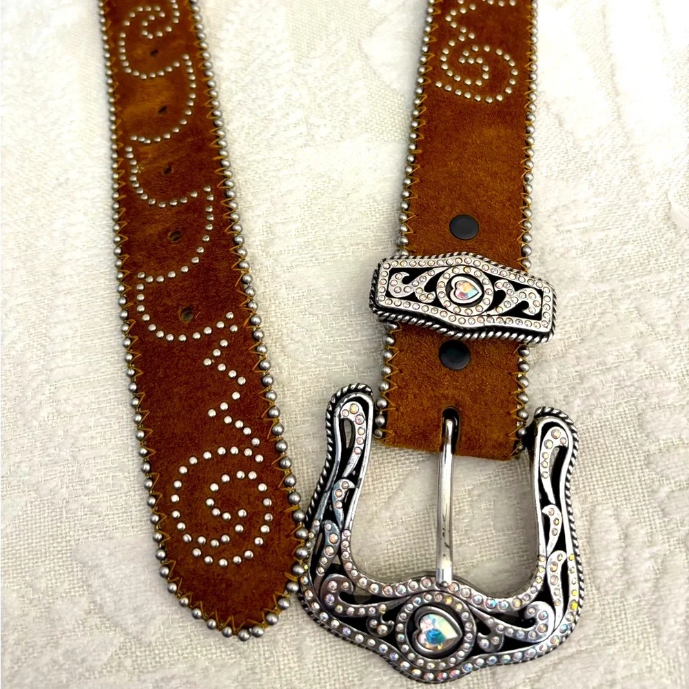 Tony Lama Brown Suede Belt 34 Crystal Heart Buckle Studded Western Cowgirl Y2K